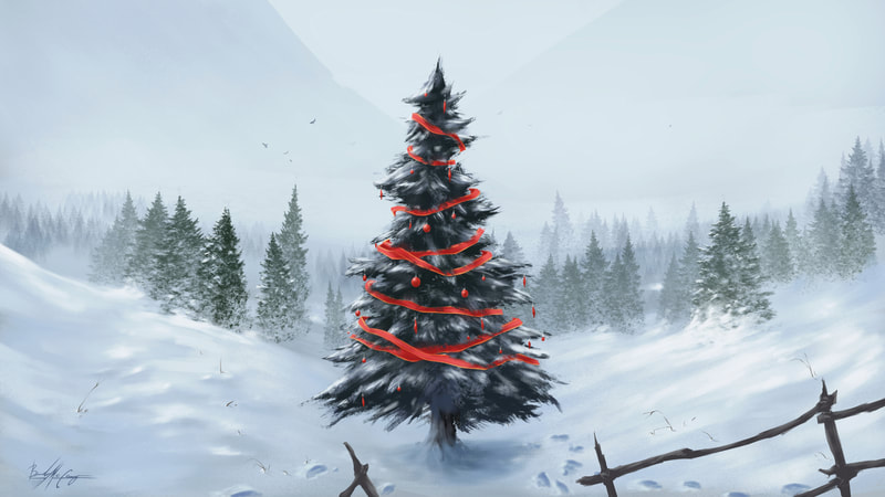 christmas tree, winter painting, snow, magic, splash art, illustration, photoshop painting, game art, concept art, gammatrap, gamma trap, @gammatrap, @thegammatrap